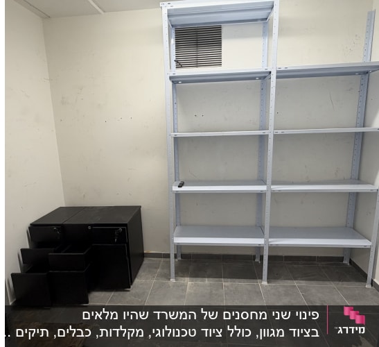 מחסן שעבר פינוי עם מדפי מתכת ריקים ושידות משרדיות